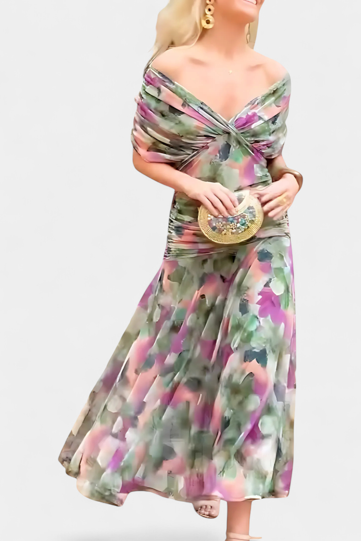 Martina - Vestido Largo con Estampado Floral y Cuello en Uve