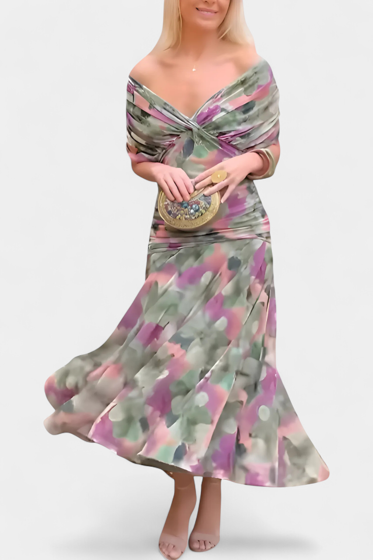 Martina - Vestido Largo con Estampado Floral y Cuello en Uve
