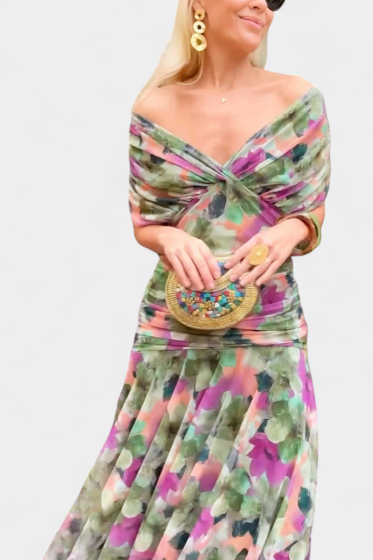 Martina - Vestido Largo con Estampado Floral y Cuello en Uve